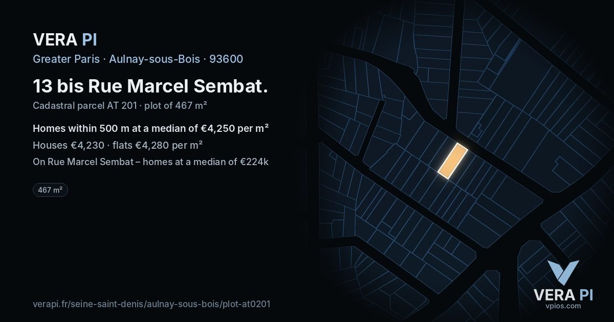 13 bis Rue Marcel Sembat, Aulnay-sous-Bois at night – the plot lit, the parcels around coloured by the prices near them