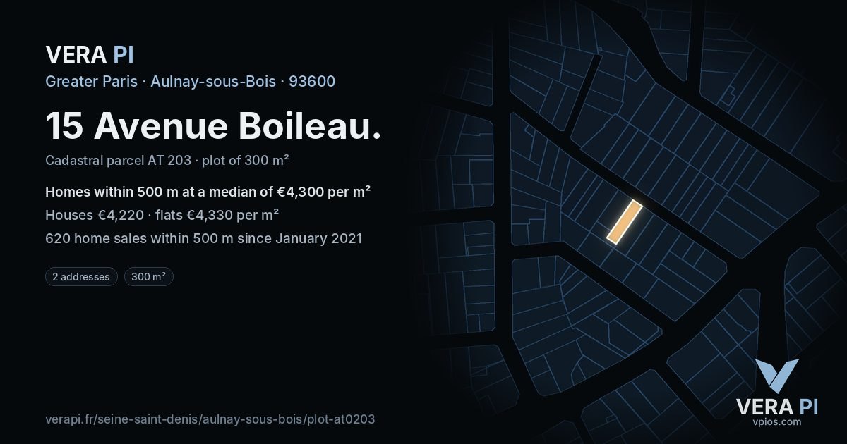15 Avenue Boileau, Aulnay-sous-Bois at night – the plot lit, the parcels around coloured by the prices near them