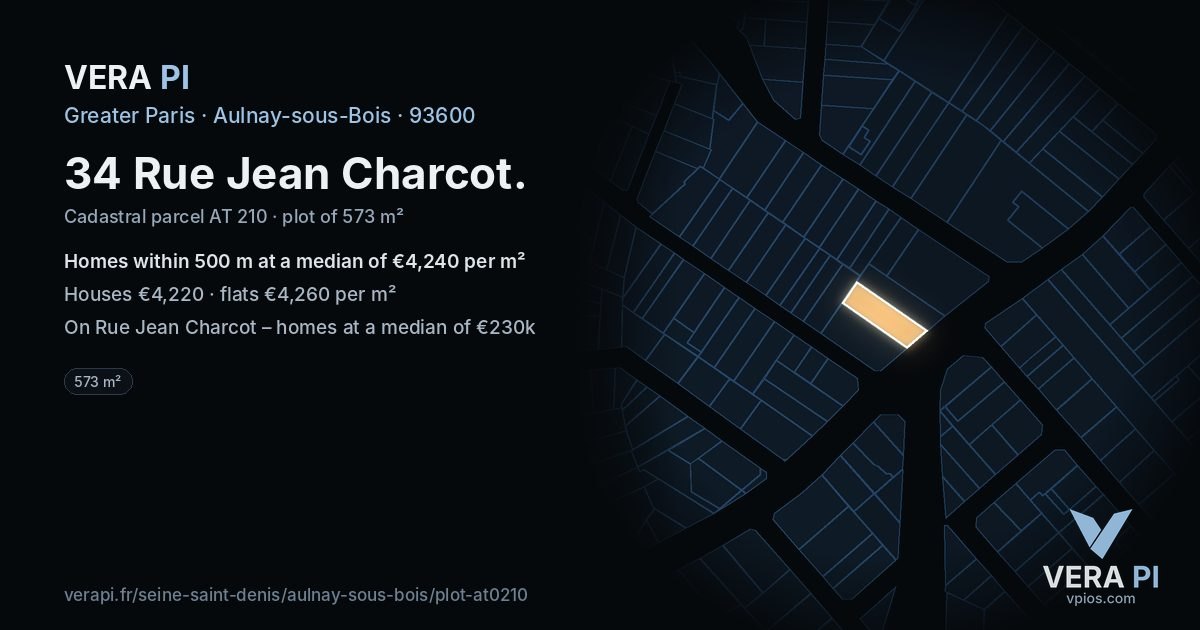 34 Rue Jean Charcot, Aulnay-sous-Bois at night – the plot lit, the parcels around coloured by the prices near them