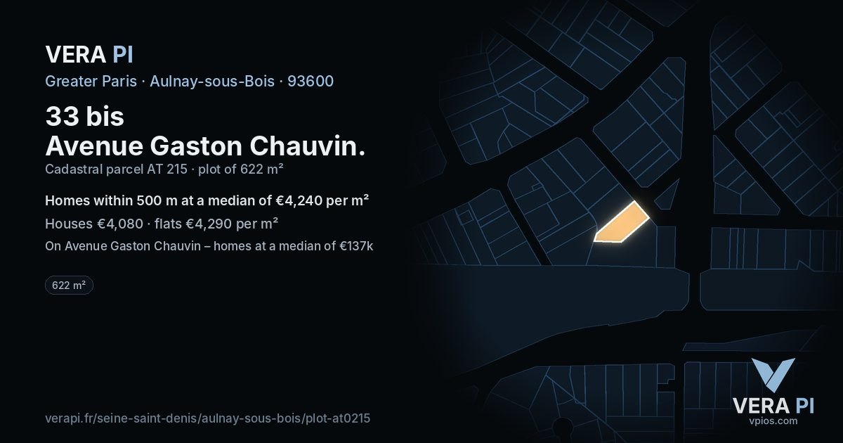 33 bis Avenue Gaston Chauvin, Aulnay-sous-Bois at night – the plot lit, the parcels around coloured by the prices near them