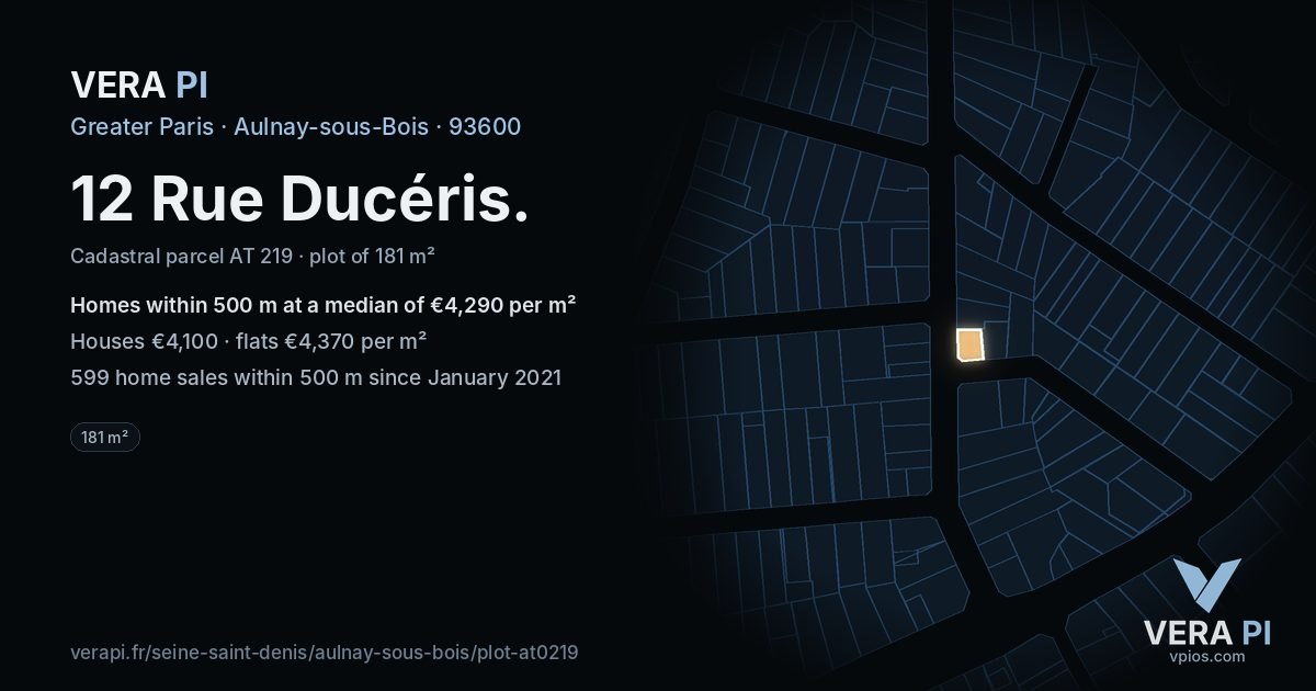 12 Rue Ducéris, Aulnay-sous-Bois at night – the plot lit, the parcels around coloured by the prices near them