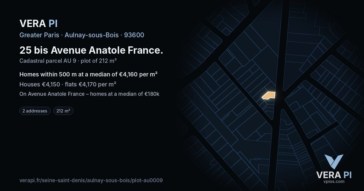 25 bis Avenue Anatole France, Aulnay-sous-Bois at night – the plot lit, the parcels around coloured by the prices near them
