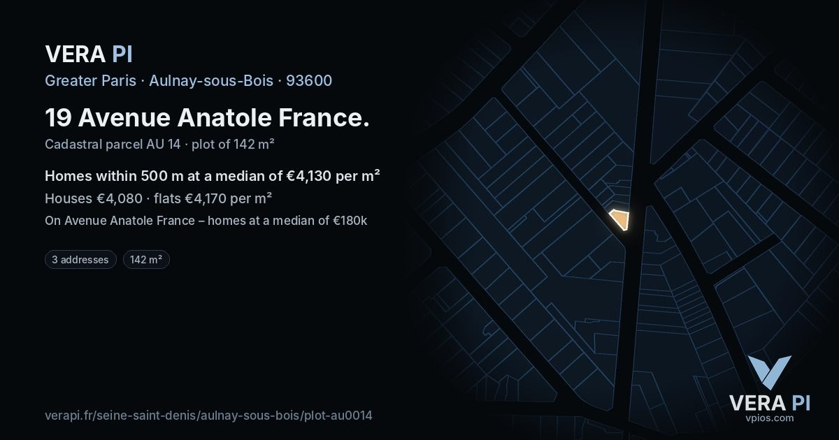 19 Avenue Anatole France, Aulnay-sous-Bois at night – the plot lit, the parcels around coloured by the prices near them