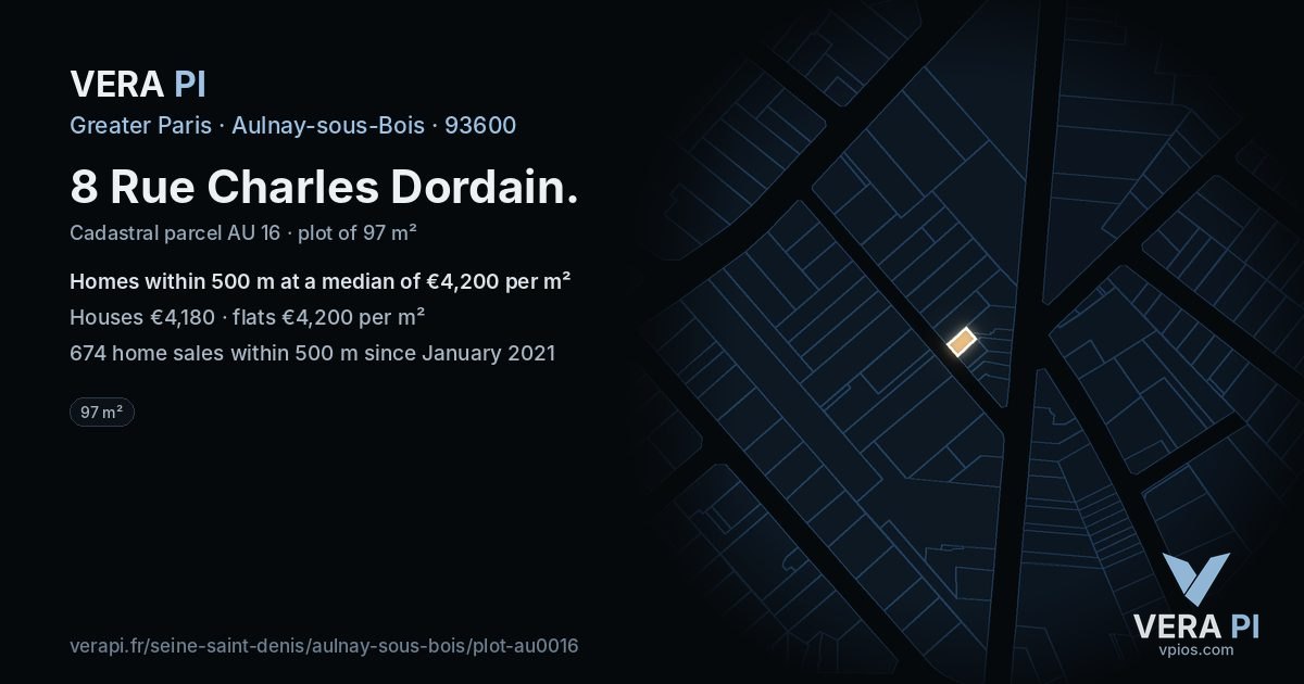 8 Rue Charles Dordain, Aulnay-sous-Bois at night – the plot lit, the parcels around coloured by the prices near them