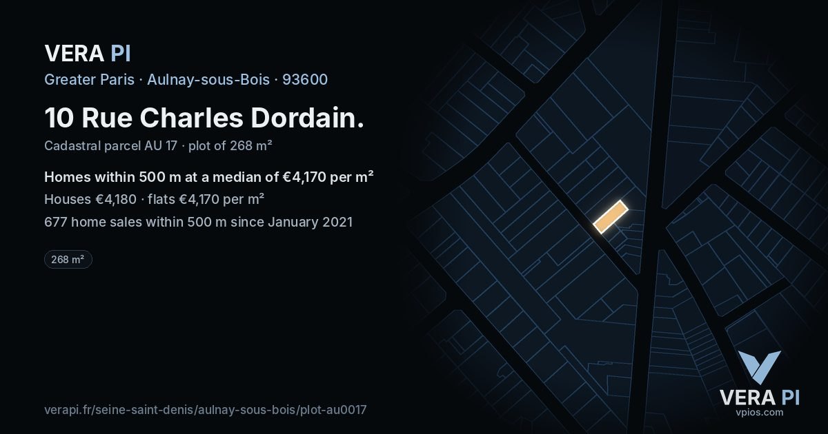 10 Rue Charles Dordain, Aulnay-sous-Bois at night – the plot lit, the parcels around coloured by the prices near them