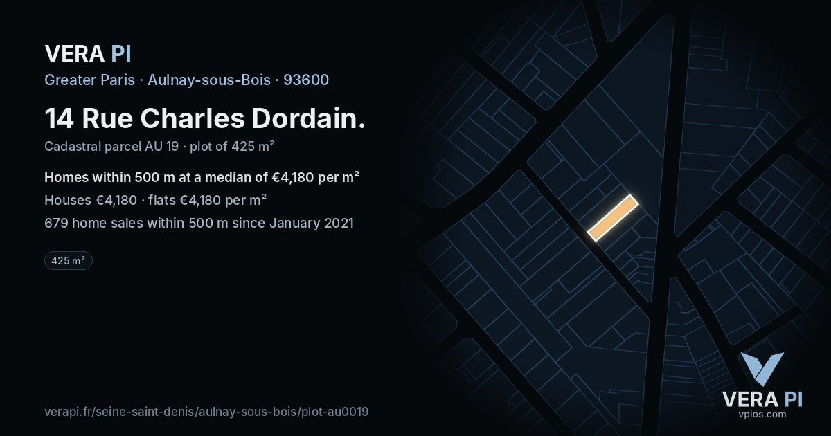 14 Rue Charles Dordain, Aulnay-sous-Bois at night – the plot lit, the parcels around coloured by the prices near them