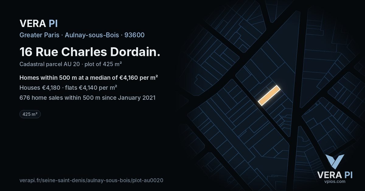 16 Rue Charles Dordain, Aulnay-sous-Bois at night – the plot lit, the parcels around coloured by the prices near them
