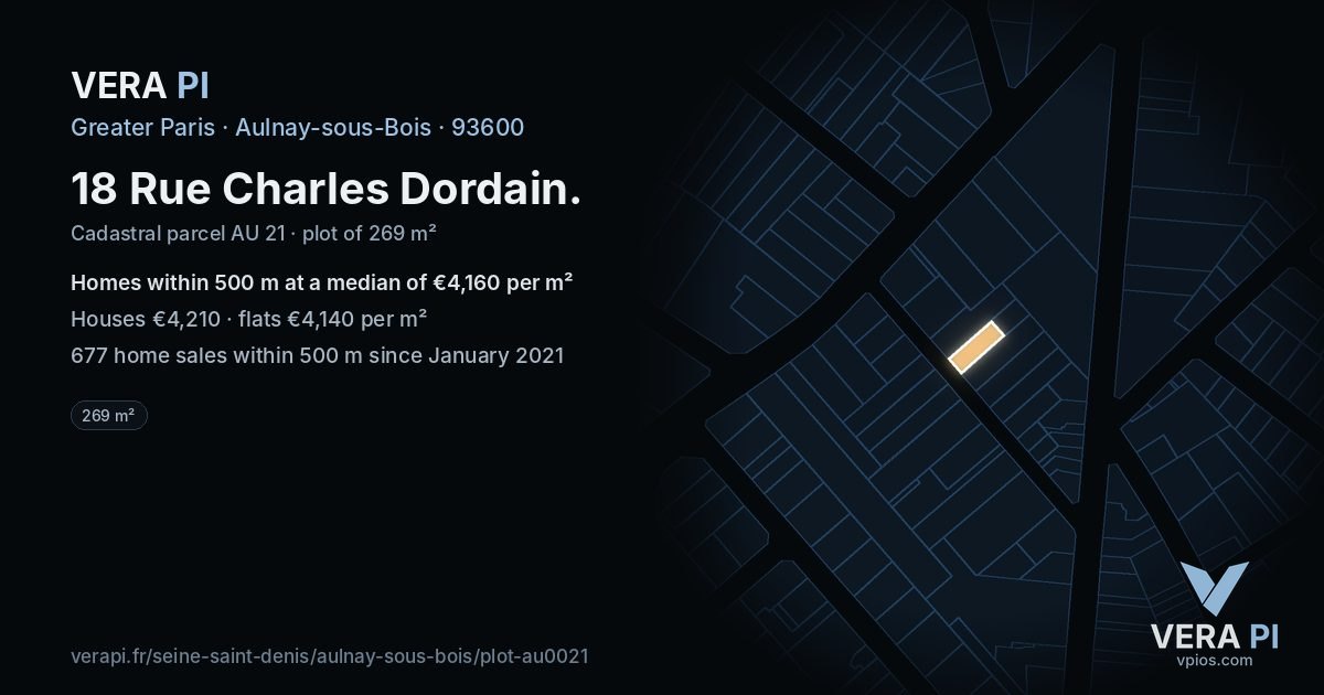 18 Rue Charles Dordain, Aulnay-sous-Bois at night – the plot lit, the parcels around coloured by the prices near them