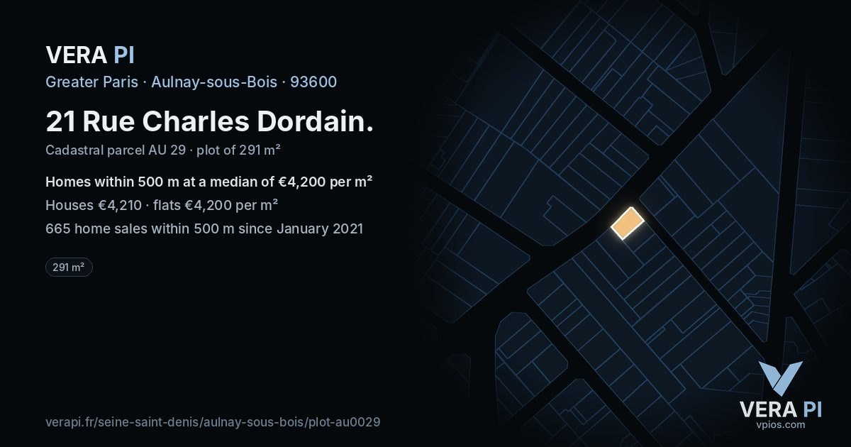 21 Rue Charles Dordain, Aulnay-sous-Bois at night – the plot lit, the parcels around coloured by the prices near them