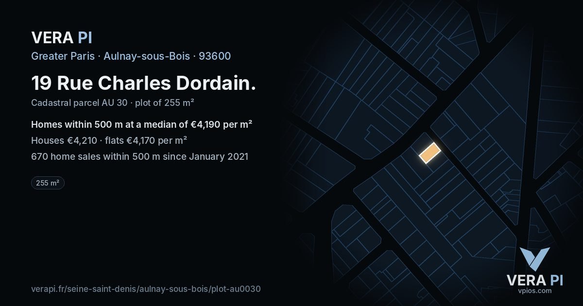 19 Rue Charles Dordain, Aulnay-sous-Bois at night – the plot lit, the parcels around coloured by the prices near them