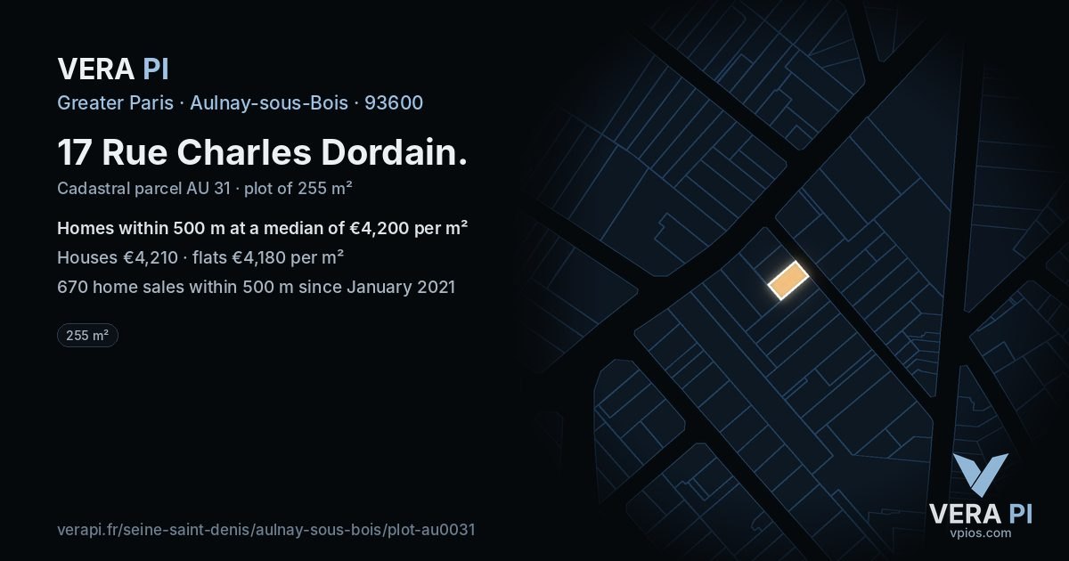17 Rue Charles Dordain, Aulnay-sous-Bois at night – the plot lit, the parcels around coloured by the prices near them