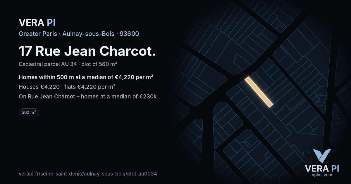 17 Rue Jean Charcot, Aulnay-sous-Bois at night – the plot lit, the parcels around coloured by the prices near them