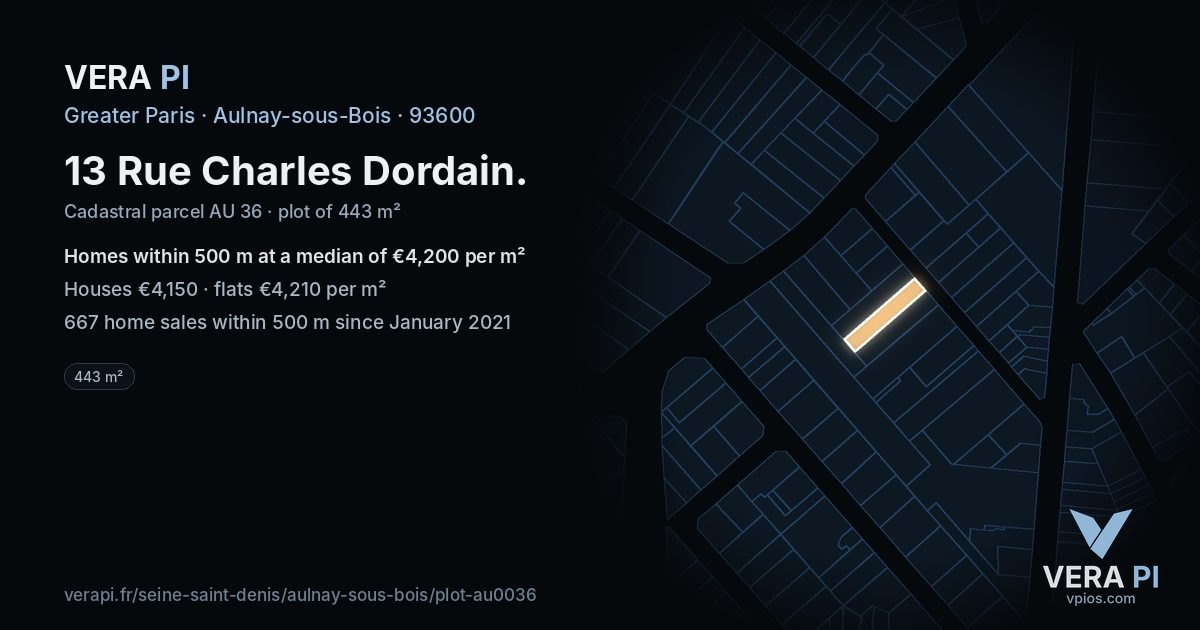 13 Rue Charles Dordain, Aulnay-sous-Bois at night – the plot lit, the parcels around coloured by the prices near them