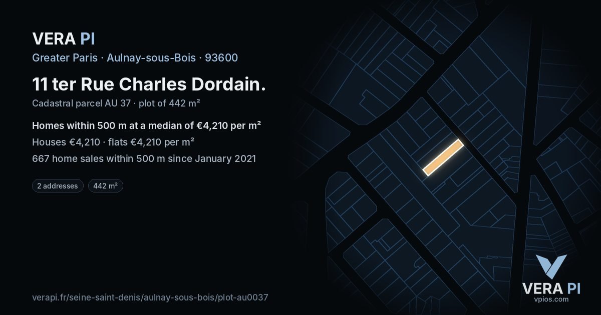 11 ter Rue Charles Dordain, Aulnay-sous-Bois at night – the plot lit, the parcels around coloured by the prices near them