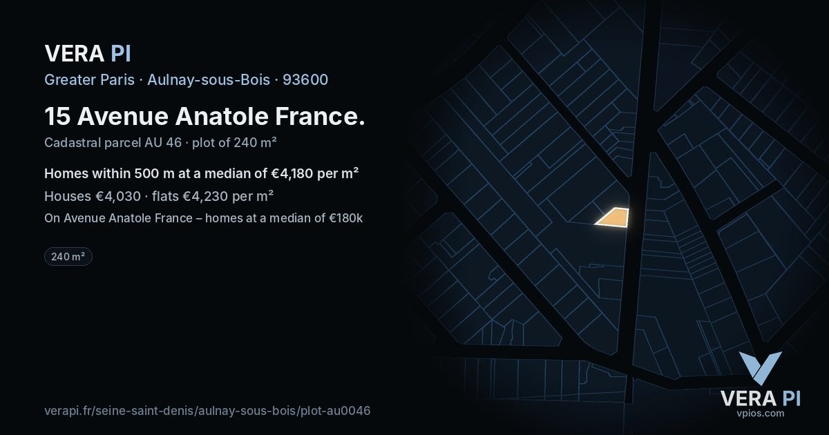 15 Avenue Anatole France, Aulnay-sous-Bois at night – the plot lit, the parcels around coloured by the prices near them