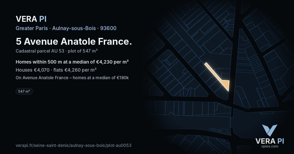 5 Avenue Anatole France, Aulnay-sous-Bois at night – the plot lit, the parcels around coloured by the prices near them
