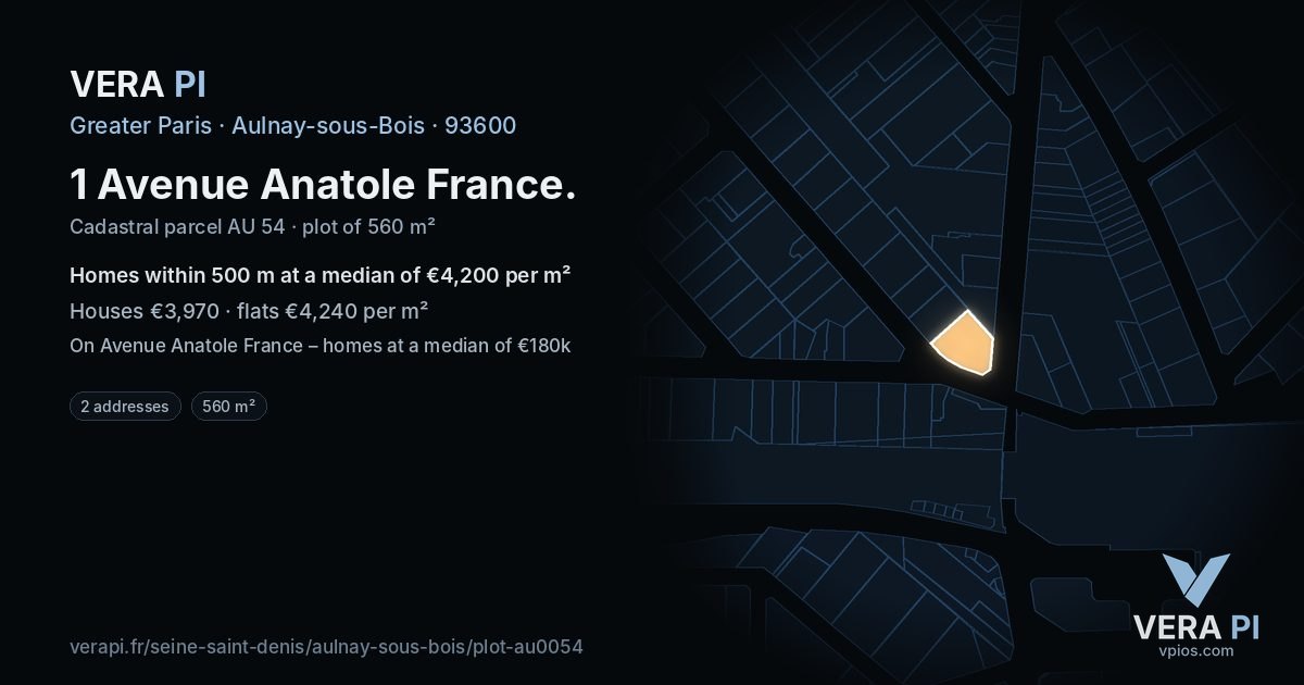 1 Avenue Anatole France, Aulnay-sous-Bois at night – the plot lit, the parcels around coloured by the prices near them