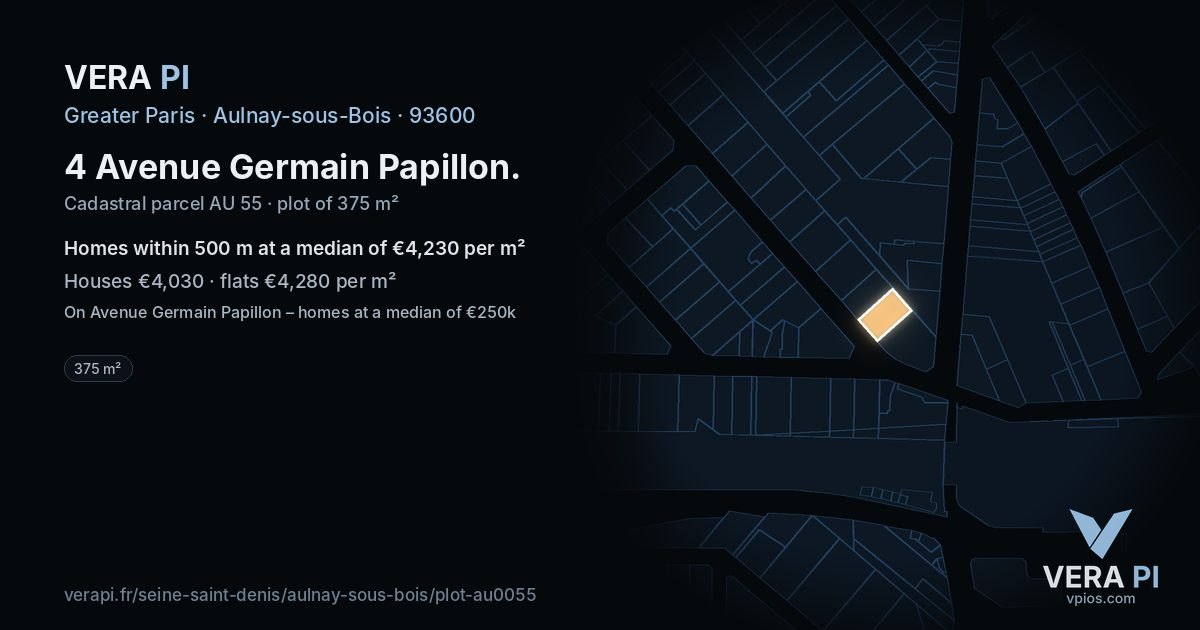 4 Avenue Germain Papillon, Aulnay-sous-Bois at night – the plot lit, the parcels around coloured by the prices near them