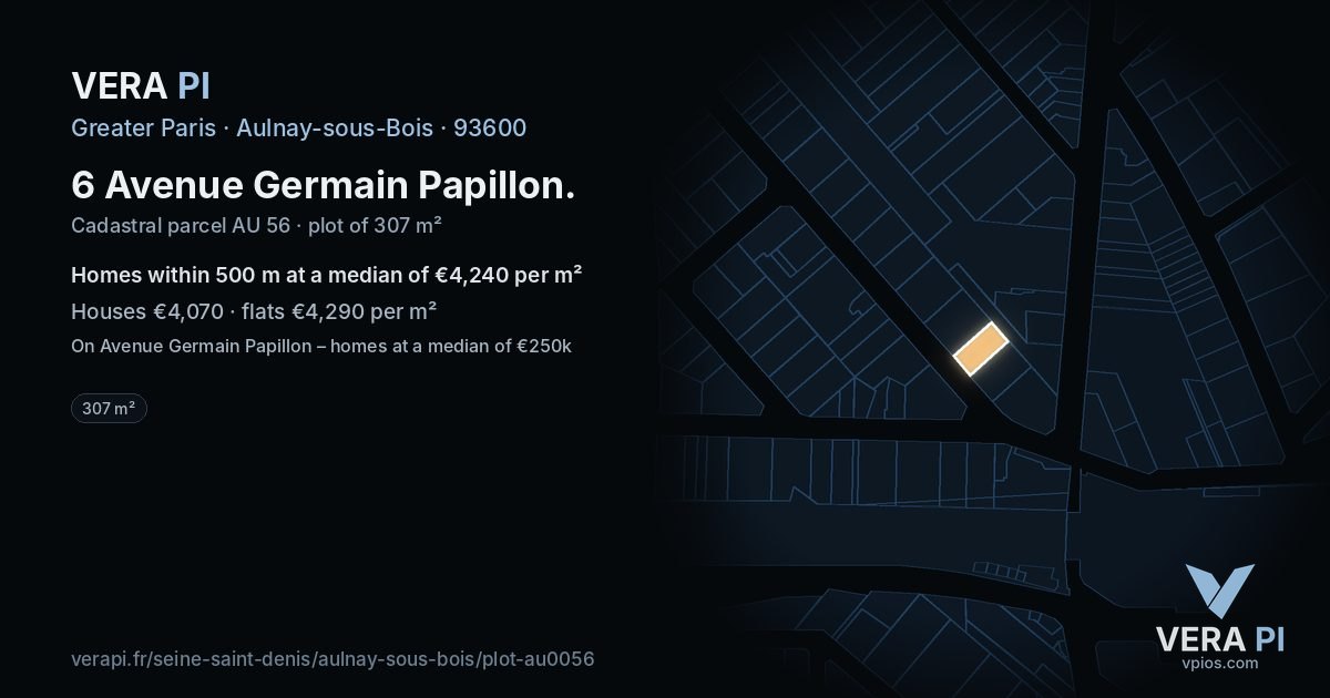 6 Avenue Germain Papillon, Aulnay-sous-Bois at night – the plot lit, the parcels around coloured by the prices near them