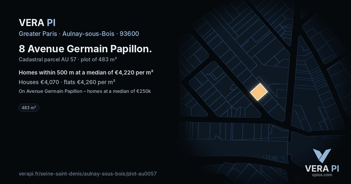 8 Avenue Germain Papillon, Aulnay-sous-Bois at night – the plot lit, the parcels around coloured by the prices near them