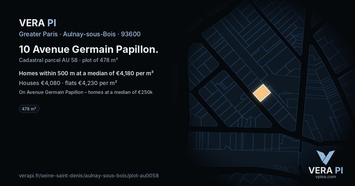 10 Avenue Germain Papillon, Aulnay-sous-Bois at night – the plot lit, the parcels around coloured by the prices near them