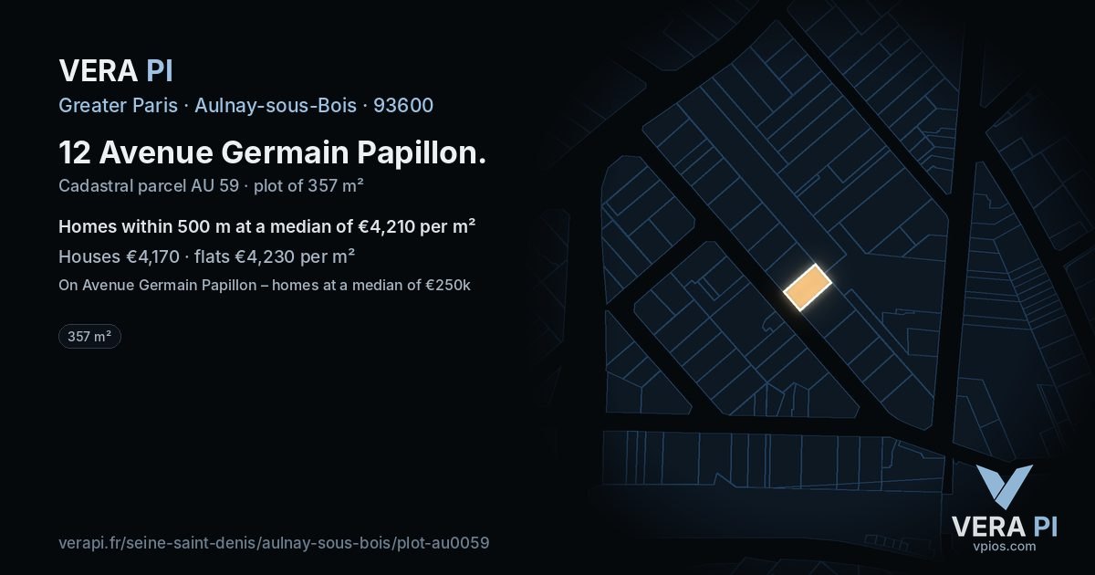 12 Avenue Germain Papillon, Aulnay-sous-Bois at night – the plot lit, the parcels around coloured by the prices near them