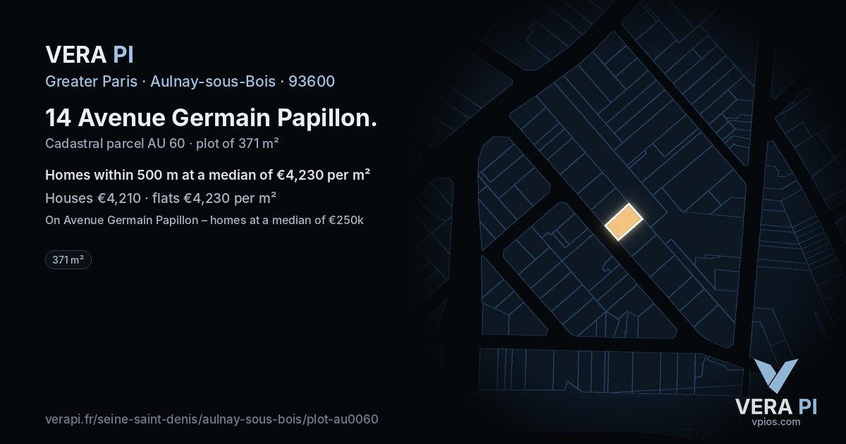 14 Avenue Germain Papillon, Aulnay-sous-Bois at night – the plot lit, the parcels around coloured by the prices near them
