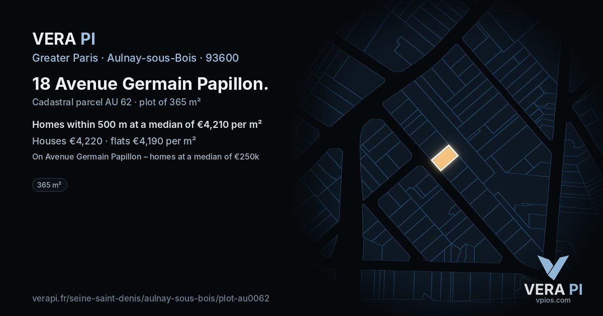 18 Avenue Germain Papillon, Aulnay-sous-Bois at night – the plot lit, the parcels around coloured by the prices near them