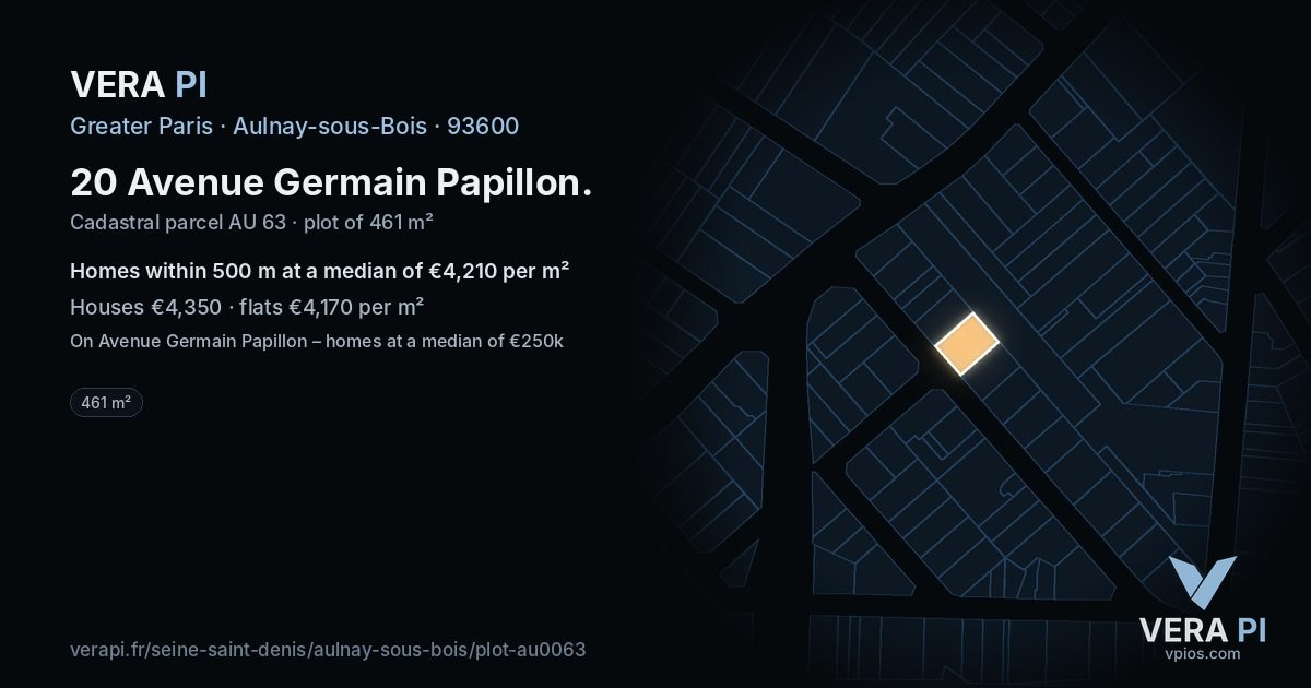 20 Avenue Germain Papillon, Aulnay-sous-Bois at night – the plot lit, the parcels around coloured by the prices near them