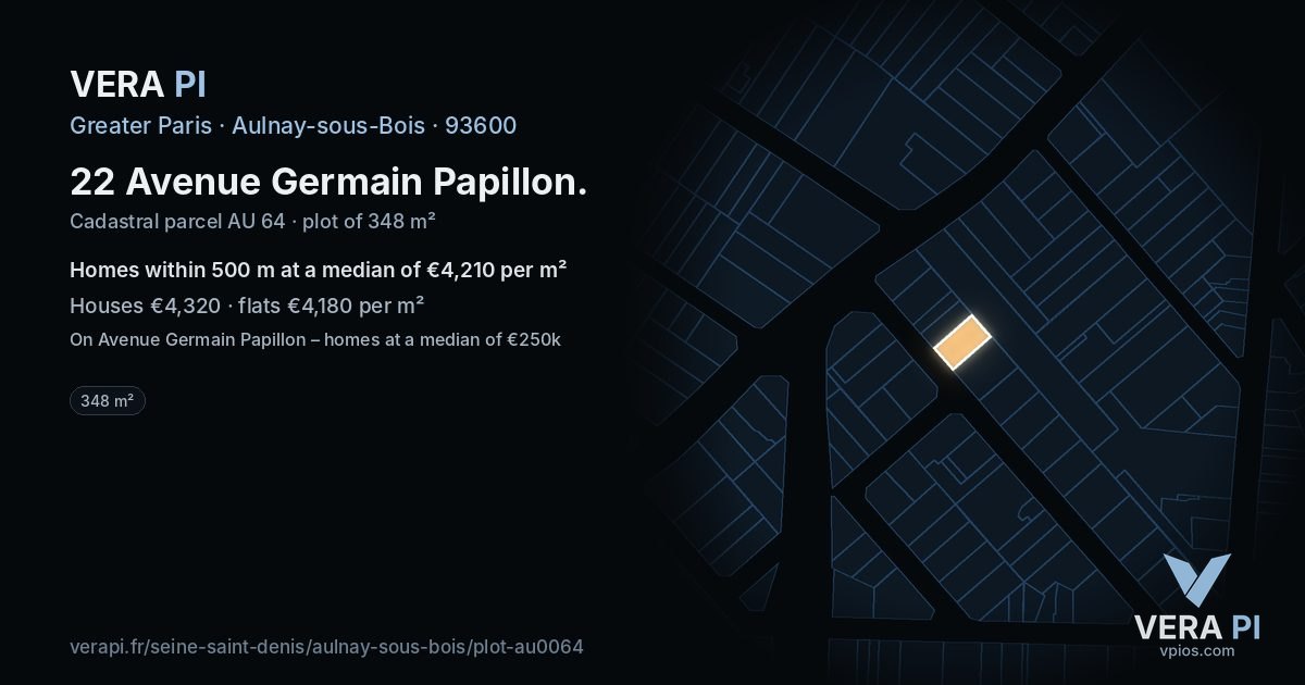 22 Avenue Germain Papillon, Aulnay-sous-Bois at night – the plot lit, the parcels around coloured by the prices near them