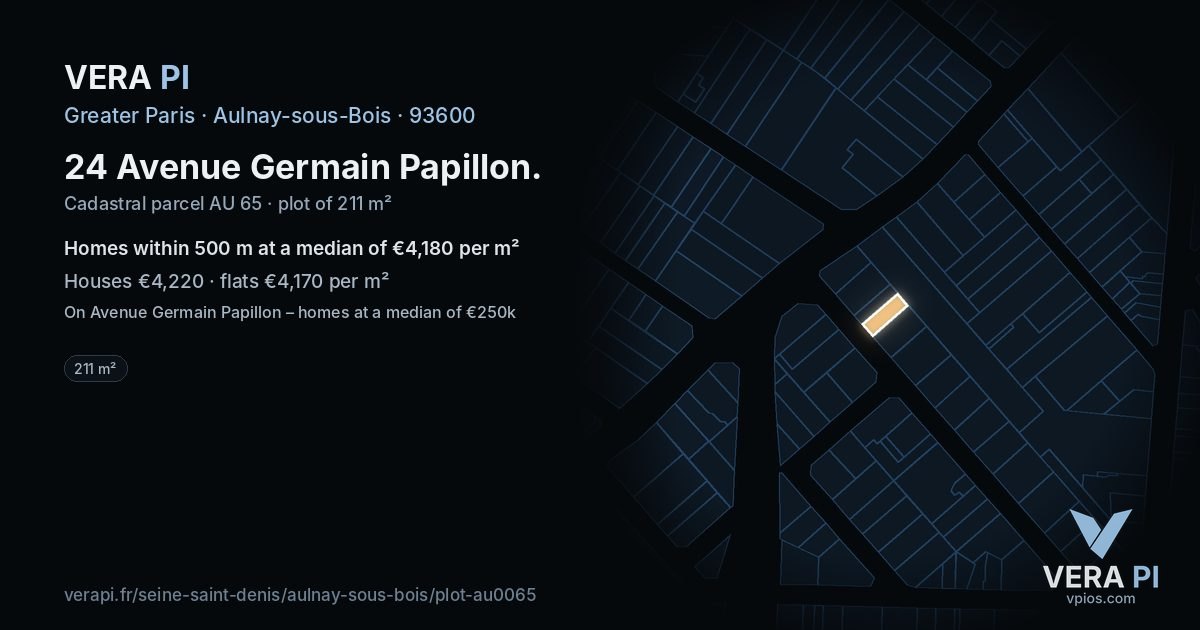 24 Avenue Germain Papillon, Aulnay-sous-Bois at night – the plot lit, the parcels around coloured by the prices near them