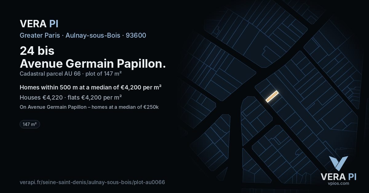 24 bis Avenue Germain Papillon, Aulnay-sous-Bois at night – the plot lit, the parcels around coloured by the prices near them