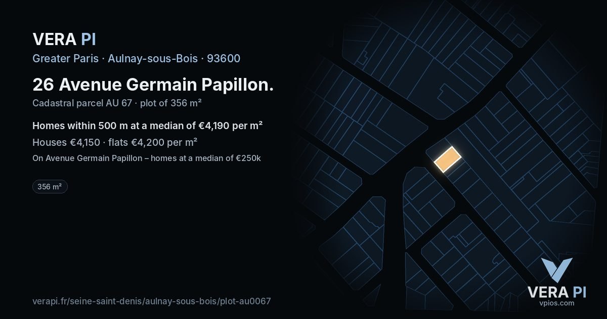 26 Avenue Germain Papillon, Aulnay-sous-Bois at night – the plot lit, the parcels around coloured by the prices near them