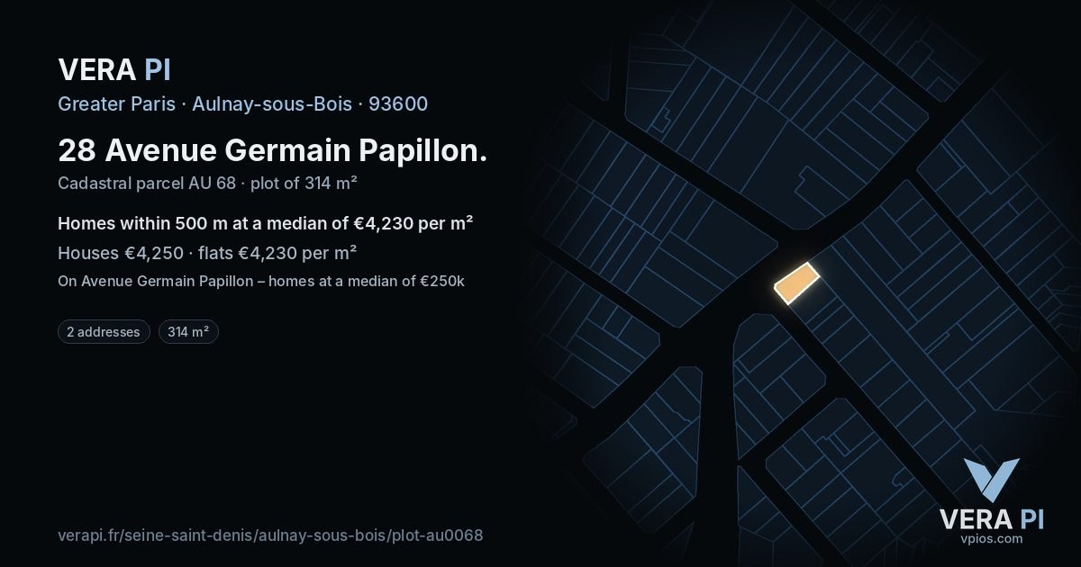 28 Avenue Germain Papillon, Aulnay-sous-Bois at night – the plot lit, the parcels around coloured by the prices near them