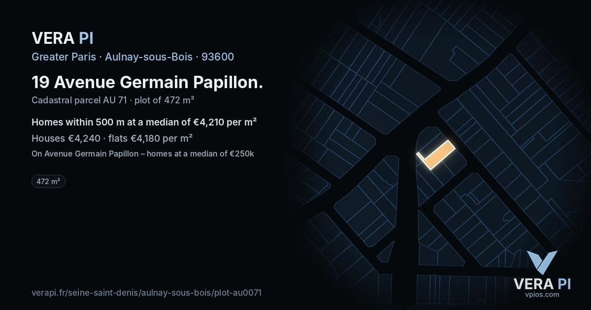 19 Avenue Germain Papillon, Aulnay-sous-Bois at night – the plot lit, the parcels around coloured by the prices near them