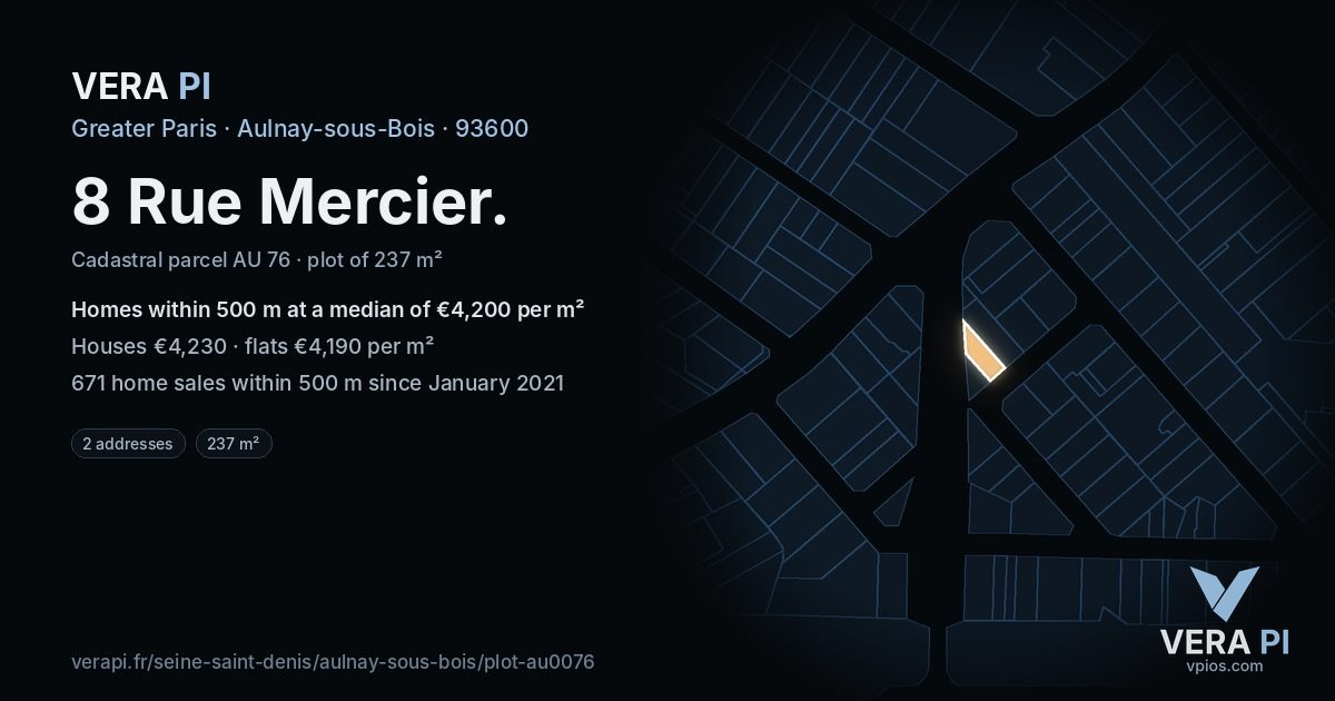 8 Rue Mercier, Aulnay-sous-Bois at night – the plot lit, the parcels around coloured by the prices near them