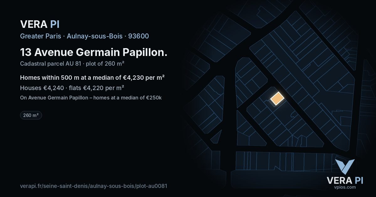 13 Avenue Germain Papillon, Aulnay-sous-Bois at night – the plot lit, the parcels around coloured by the prices near them
