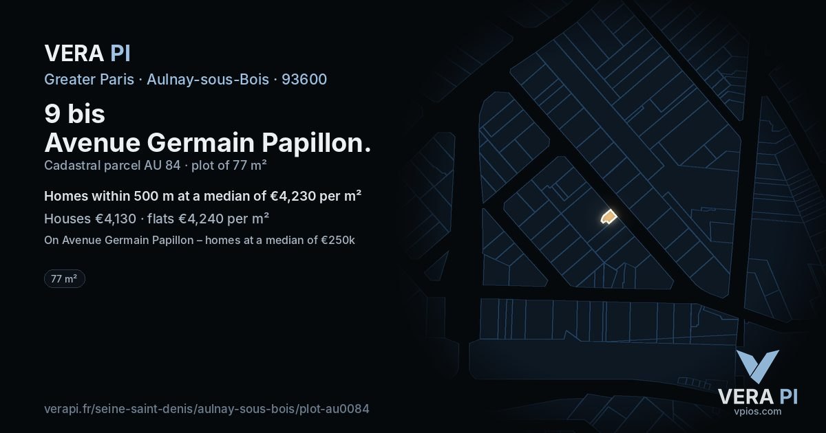 9 bis Avenue Germain Papillon, Aulnay-sous-Bois at night – the plot lit, the parcels around coloured by the prices near them