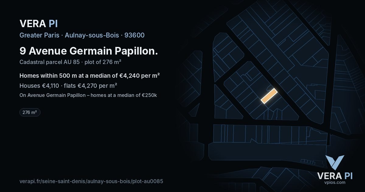 9 Avenue Germain Papillon, Aulnay-sous-Bois at night – the plot lit, the parcels around coloured by the prices near them