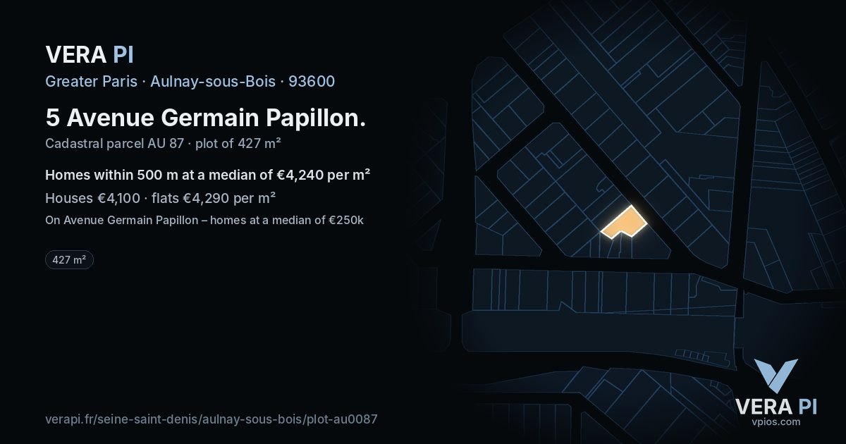 5 Avenue Germain Papillon, Aulnay-sous-Bois at night – the plot lit, the parcels around coloured by the prices near them