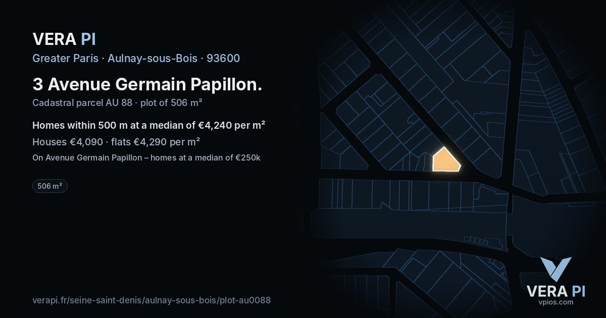3 Avenue Germain Papillon, Aulnay-sous-Bois at night – the plot lit, the parcels around coloured by the prices near them