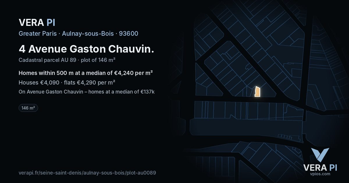 4 Avenue Gaston Chauvin, Aulnay-sous-Bois at night – the plot lit, the parcels around coloured by the prices near them