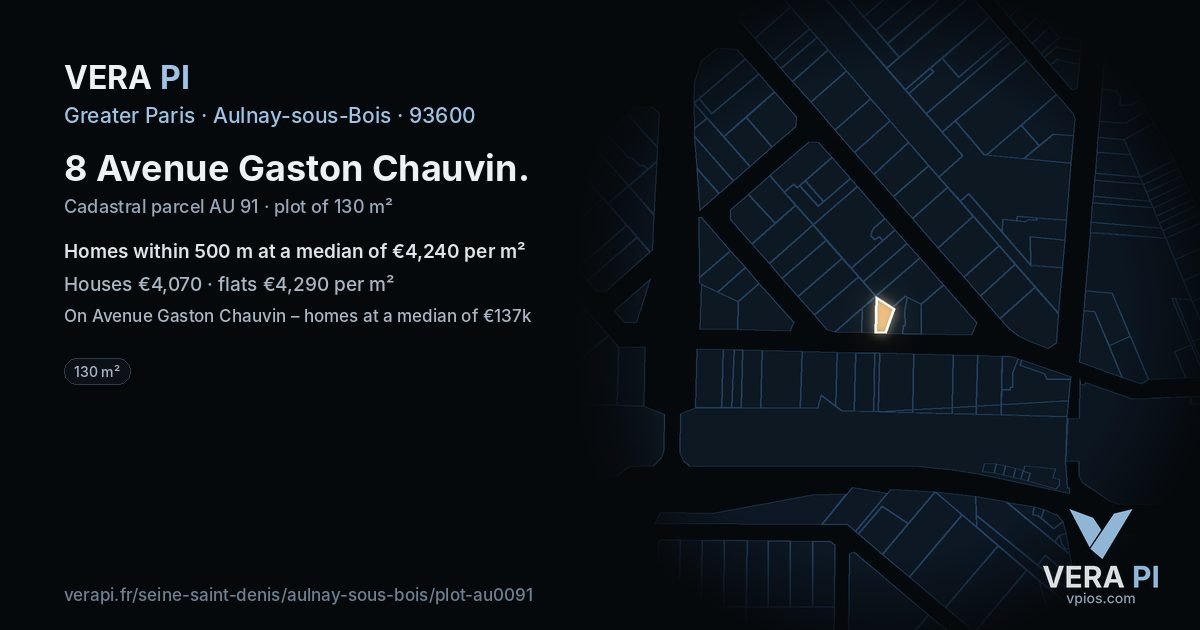 8 Avenue Gaston Chauvin, Aulnay-sous-Bois at night – the plot lit, the parcels around coloured by the prices near them