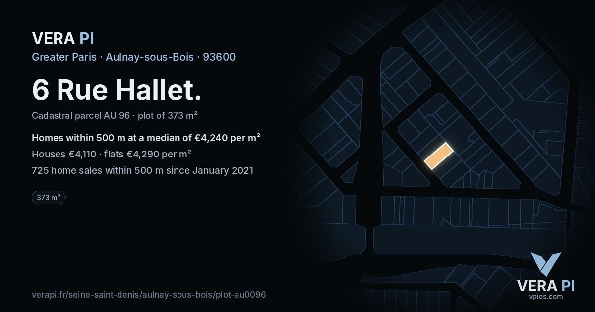 6 Rue Hallet, Aulnay-sous-Bois at night – the plot lit, the parcels around coloured by the prices near them