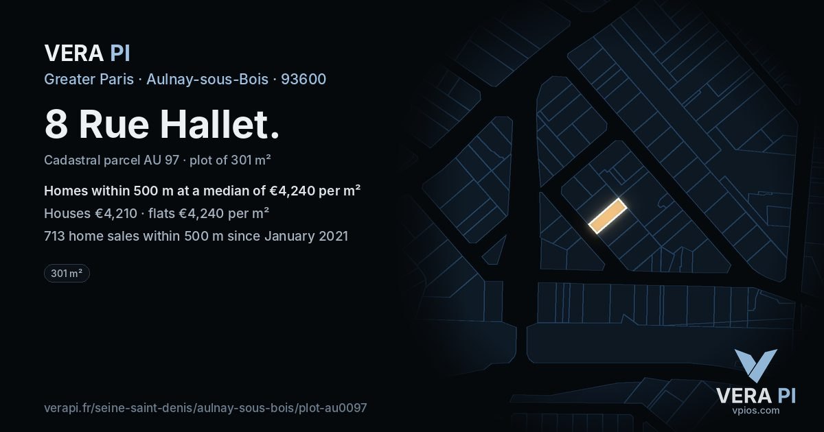 8 Rue Hallet, Aulnay-sous-Bois at night – the plot lit, the parcels around coloured by the prices near them