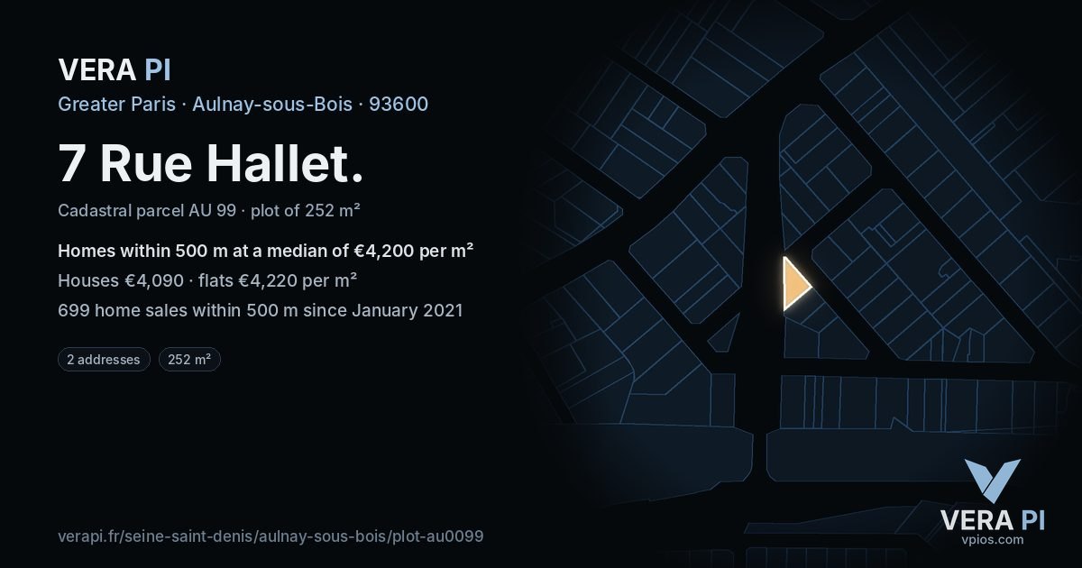 7 Rue Hallet, Aulnay-sous-Bois at night – the plot lit, the parcels around coloured by the prices near them
