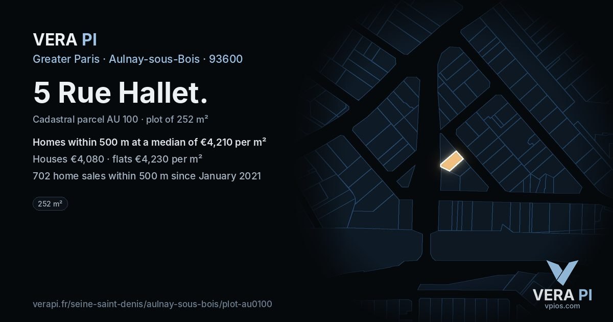 5 Rue Hallet, Aulnay-sous-Bois at night – the plot lit, the parcels around coloured by the prices near them