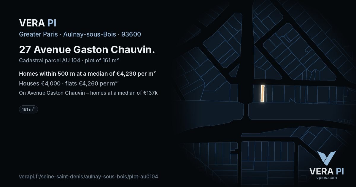 27 Avenue Gaston Chauvin, Aulnay-sous-Bois at night – the plot lit, the parcels around coloured by the prices near them