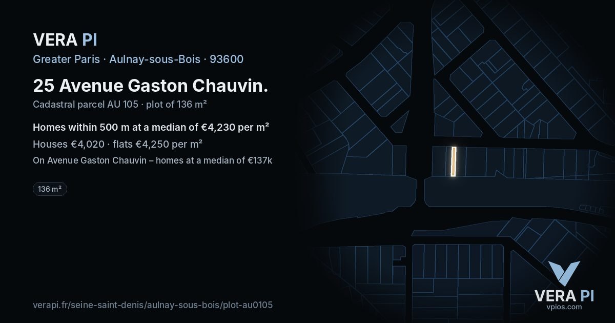 25 Avenue Gaston Chauvin, Aulnay-sous-Bois at night – the plot lit, the parcels around coloured by the prices near them