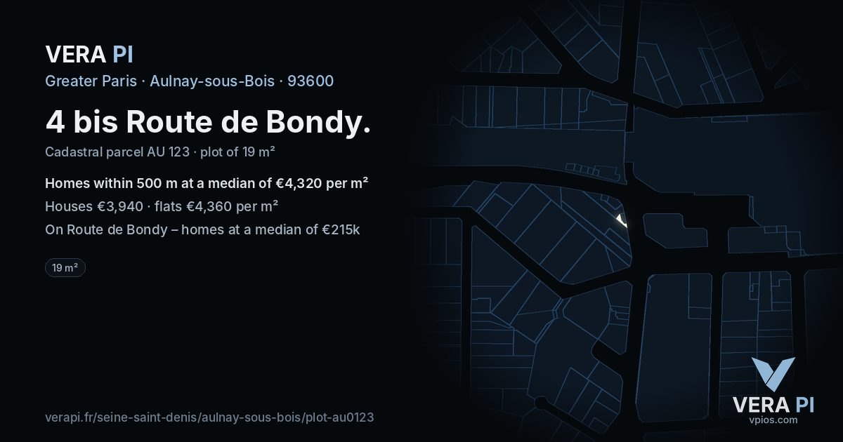4 bis Route de Bondy, Aulnay-sous-Bois at night – the plot lit, the parcels around coloured by the prices near them